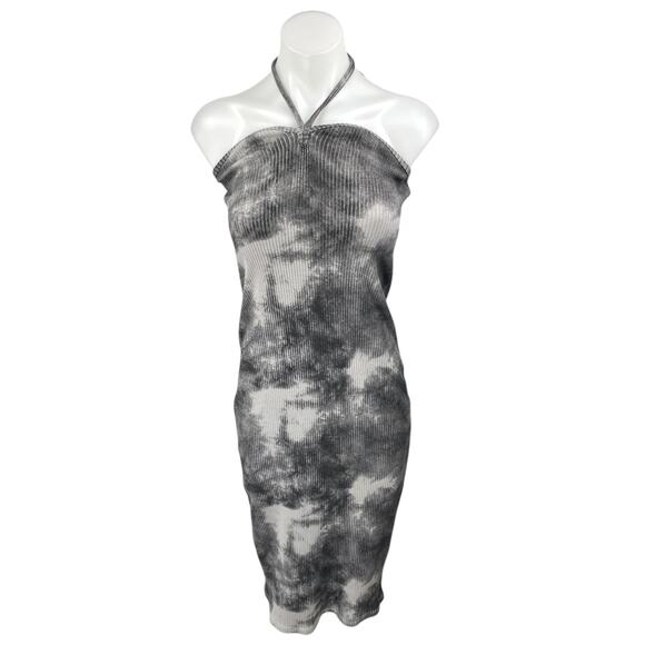 Zara Black White Tie Dye Halter Sleeveless Ribbed Knit Midi Bodycon Dress Size S - Picture 1 of 5